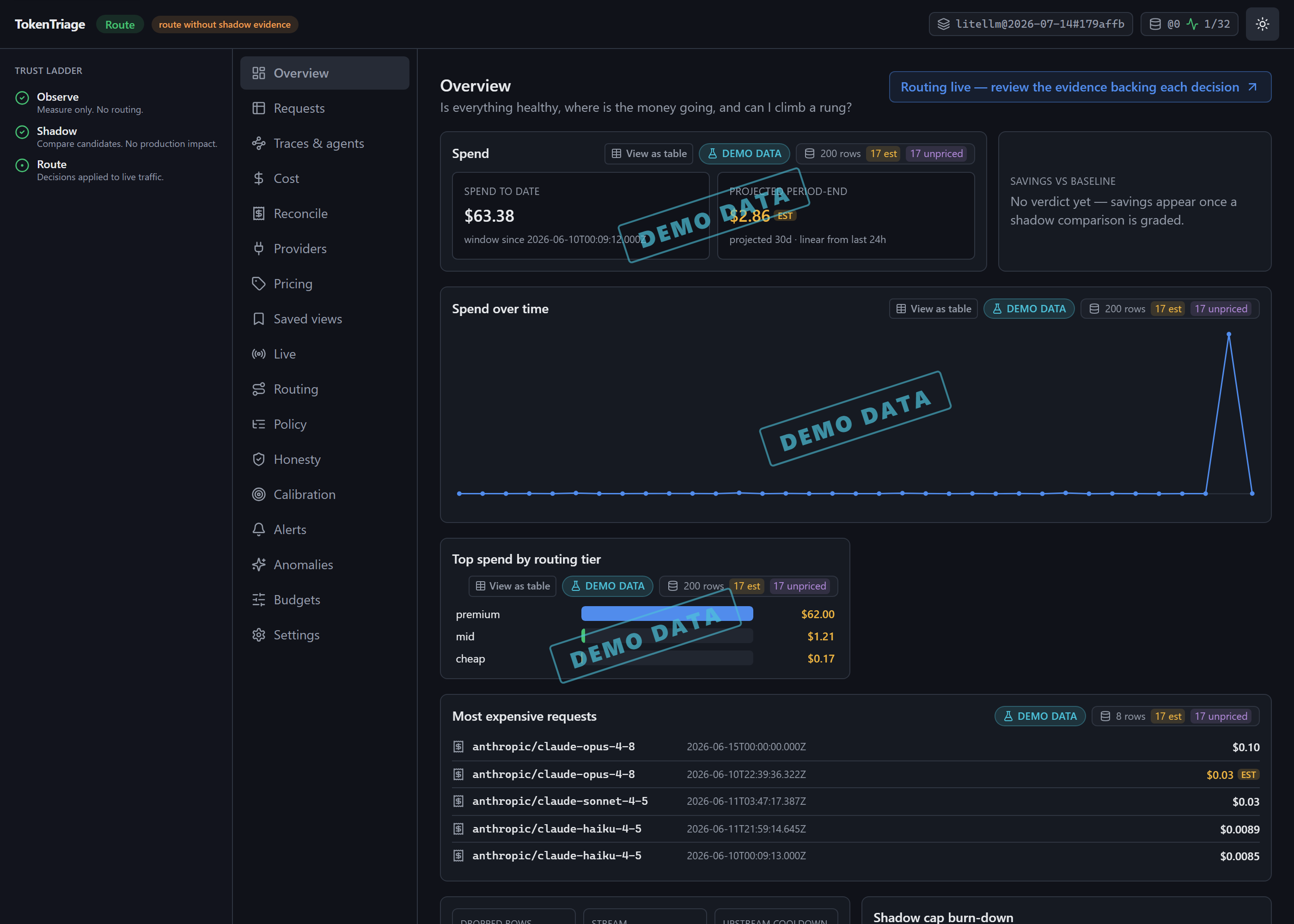 TokenTriage overview: spend to date $61.25, projected period-end, savings vs baseline with an EST flag and a verdict link, the trust-ladder sidebar, and a spend-over-time chart — all marked DEMO DATA.